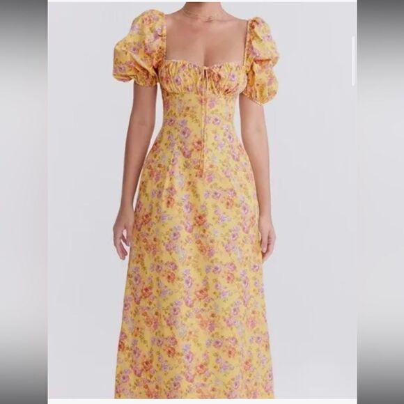 House of CB Maxi Dress Sz XS Yellow Floral Felizia Butter Print Puff Selene NEW - Picture 4 of 16